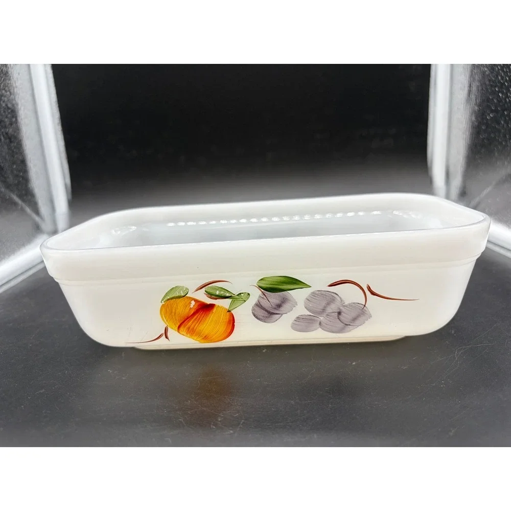 Vintage‎ Fire-King Milk Glass Fruit Loaf Pan Baking Dish Peach Grapes
